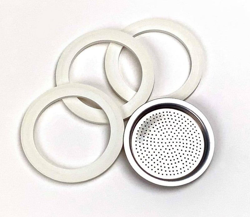 Tredoni 3 Rubber Seals/Rings+Filter -Replacement- Sizes 1,2,3,6,9,14 Cup Espresso Coffee Maker Moka Pot- 7.1cm (6 Cup) - Image 1